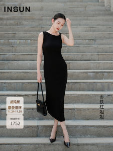 Insun Elegant Knot Modal Vest Dress Simple Personality Autumn 2025 Commute Asymmetric Waist Cinched H-Line Midi Skirt Dress