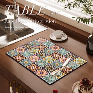 Ethnic Style Retro Coffee Machine Water Draining Pad Kitchen Countertop Water Absorption Diatom Soft Pad Bowl Plate Heat Proof Mat Washstand Cup
