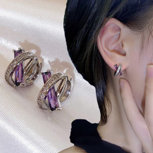 Luxury Purple Zircon Hoop Earrings Silver Tone Fashion Statement Ear Buckle Anniversary or Birthday Jewelry Gifts for Women Girls