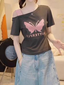 plus Size Pure Cotton Heavy Embellished Butterfly Shoulder Bared Short Sleeve T Shirt Womens Summer New Style Slimming Meat Covering Top