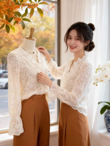 ZHILU | Elegant V-Neck Lace Turtleneck Womens Loose Bell Sleeve Top