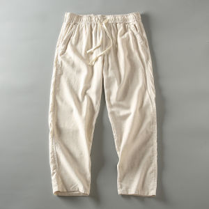 กางเกงขายาวทรงตรงผ้าลินินผสมสไตล์ญี่ปุ่นย้อนยุคสำหรับผู้ชาย ทรงหลวมสบาย ๆ ระบายอากาศได้ดี ทรงหลวมสบาย ๆ ทรงหลวมสบาย ๆ