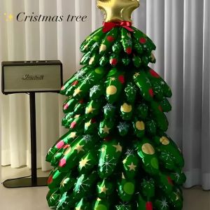 【Hibeautylife】130*73cm Giant Christmas Tree Balloon 3D Standing Xmas Tree Foil Balloon with Light String Happy New Year Party Decors Navidad Photo Props Ornament