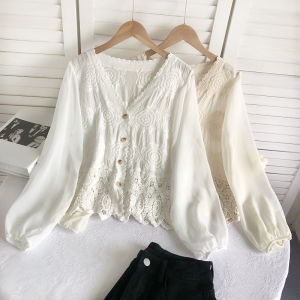 French Style Temperament Design Temperature-Sensitive Soft Single-Breasted Crochet Chiffon Patchwork Puff Sleeve Shirt Tops Spring New Arrival