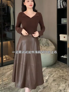 Caramel PU Leather A-Line Skirt High Waist Womens Fashion Autumn 2025 New Style Midi Length Commute Korean Style Skirt