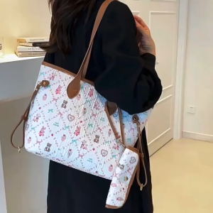 MOUSSON กระเป๋าโท้ทพิมพ์ลายหมีความจุขนาดใหญ่สไตล์เกาหลีรุ่นใหม่กระเป๋าสะพายแฟชั่นลายการ์ตูน