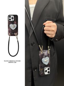 Charmous Ins High-End Grey Heart Support Suitable for iPhone 16 pro Max Apple 17 pro Dark Style Mobile Phone Case with Lanyard