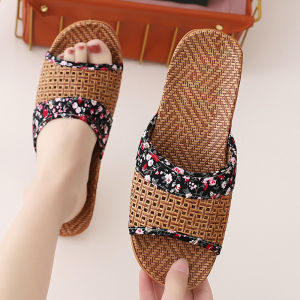 Linen Slippers Breathable Indoor Home Woven Bamboo Flat Sandals Anti-slip Couples Spring Summer Home Fabric Slippers