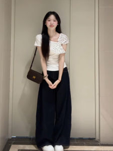 XIANGBAIWEI | Polka Dot Bow Off-shoulder Fitted Short T-shirt