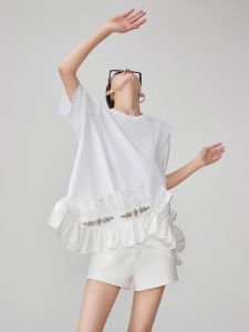 Elegant White Shiny Butterfly Knot T-Shirt Womens Summer New Wide Shoulder Short Sleeve Diamond Decorated Casual Top