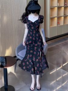 Jorfrey Floral Square Neck A-Line Skirt Long Dress for Women Summer Waist-Tightening Slimming French Tea Break Wrap Dress