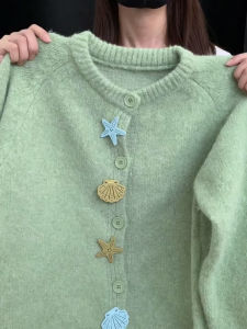 Mint Green Knitted Star Shell Button Elegant Early Autumn Soft Style Womens Outerwear Open Cardigan Warm Long Sleeve round Neck