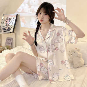 ชุดนอนผ้าไหมน้ำแข็งสำหรับผู้หญิงในฤดูร้อน ชุดอยู่บ้านลายการ์ตูนน่ารักและหวานๆ แขนสั้น คอกลม กระดุมหน้า ชุดนอนสบายๆ