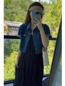 สไตล์เกาหลี แขนสั้น เดนิม เสื้อ ผู้หญิง เสื้อแจ็คเก็ต Vintage Retro เสื้อท่อนบน Layering ฤดูร้อน เสื้อเดินทางสีบริสุทธิ์บาง