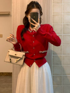 Christmas New Year Red Knitted Sweater Womens Miu Style Diamond Embellished Fashion Outerwear Short Straight Cut Cardigan