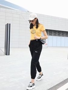 Womens summer new loose and versatile trendy casual sports black high waisted ankle tied work pants