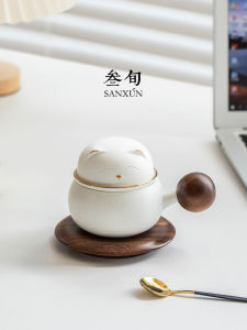 Ceramic Cat Figurine Tea Cup Office Coffee Tea Water Separation Cute Creative Cup Chinese Style Handmade Porcelain Tea Set