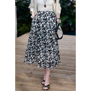Misoshine | Summer Elegant Black and White Print Ramie Tencel Skirt