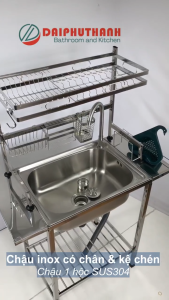 Chậu Rửa Bát Có Chân Kèm Kệ Úp Chén Đa Năng Dài 90cm x Rộng 45cm x Cao 133cm - Chậu 1 hộc Kệ 1 tầng