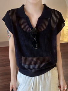 YUEZHONGWEI | Slim Fit Ice Silk Knitted Polo Shirt Hollow Out Short Sleeve Turn Down Collar Summer Top For Small Stature Women Commute Style