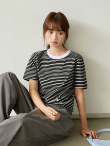 Classic Striped Color Block round Neck Short Sleeve T Shirt Women Summer Casual Loose Base Layer Top City Walk Commute Home Daily