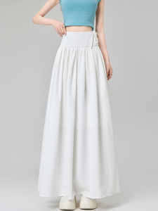 กระโปรงจีบเอวสูงทรงเอผ้าฝ้ายผสมสีขาว กระโปรงทรงมุ้งสำหรับผู้หญิง ฤดูร้อน 2025 กระโปรงทรงเอทรงหลวม สไตล์เกาหลี กระโปรงทรงเอยาว