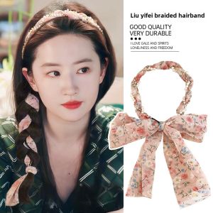 Spring Summer Floral Silk Scarf Hairband Womens Pearl Long Ribbon Braided Headband 2025 New Style Integrated Hairband