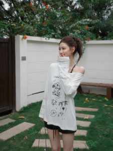 THROUS | Áo Blouse Dài Tay In Hình Một Vai Mỏng Phong Cách Thường Ngày cho Mùa Thu
