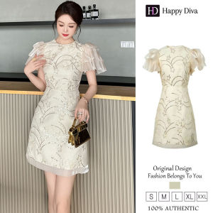 Happy Diva Womens Round Neck Puff Sleeve Sequin Embroidered A-line Dress 70297