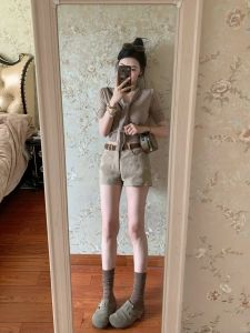 VKSOD | Korean Style Lazy Fashion Short Sleeve Knitted Top High Waist Slimming Retro Casual Shorts Set Womens Summer Leisure Wear