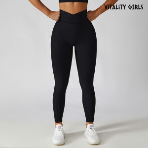 Quick Dry Yoga Pants Womens V Waist Tight Fitness Long Trousers with Threaded Belt Pocket Breathable Moisture Wicking Nylon