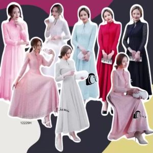 S12229 แม็กซี่เดรสลูกไม้แขนยาว คอจีนหยักผูกโบว์