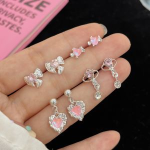Ready Stock 6 Pair/Set S925 Pink Diamond Heart Earring Set Fashionable And Elegant Pendant Earrings Womens Accessories