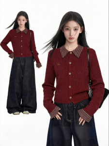 BAIDAIFEI | Áo Sweater Len Giả Hai Mảnh Màu Đỏ Ngắn