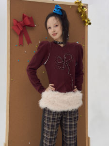 TakeCare Butterfly Knot Pleated Sheep Leg Sleeve Knitted Open Cardigan Polyester Fiber 100% Womens Fashion T-shirt