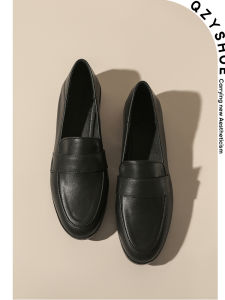 Genuine Leather Flat Bottom Loafers Womens Shoes Soft Sole Work Shoes Spring Autumn Black Color Versatile British Style Flats