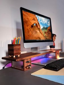 RGB Atmosphere Light LED Black Walnut Solid Wood Desktop Computer Monitor Elevation Bracket USB Home Office Study Desk Organizer