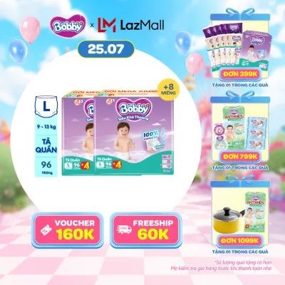 [SALE CUỐI THÁNG QUÀ TO][TẶNG MIẾNG NGẪU NHIÊN] Combo 2 Tã/bỉm quần Bobby 3mm Mega Jumbo Siêu khô thoáng L96