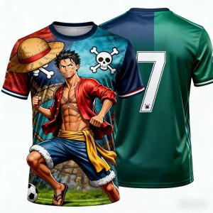 Bandai | Summer 2026 One Piece Lufei "Straw Hat One Piece Group 7" Football Theme 3D Print Breathable T-shirt Adult Parent-child Top