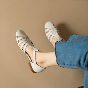 Retro British Weave Hollow out Toe Summer New Leather Low Heel round Head Roman Cage Sandals for Women Comfortable Breathable