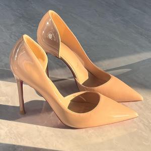 2024 ใหม่ สีนู้ด สิทธิบัตรสี หนัง รองเท้าส้นสูง ผู้หญิง ส้นแหลมส้นบางทํางานสบายรองเท้าเดี่ยว สไตล์เกาหลี กลวงออก