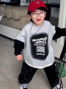 Spring Autumn New Style Korean Version Loose Long Sleeve Boys T Shirt Childrens Top Matching Casual Cotton round Neck Tee