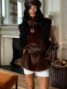 Kliou Autumn New Style Tank Tops Woman Furry Patchwork Turtleneck Daily Street Casual Simple Fashion Solid Elegant Clothing