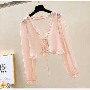 Summer New Chinese Style Pearl Button Short Sleeve Long Lace Open Cardigan Sun Protection Gentle Vintage Thin Outerwear