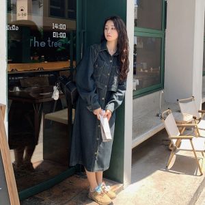 ชุดเดรสยีนส์แขนยาวทรงเอเอวสูงสไตล์เกาหลีสำหรับผู้หญิง ชุดเดรสฤดูใบไม้ร่วง 2025 ชุดเดรสแขนยาวสีพื้น