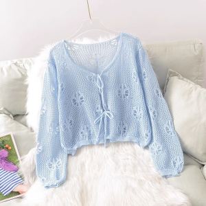 Sun Protection Hollow out Long Sleeve Cardigan Womens Thin Shoulder Shawl Loose Matching Halter Dress Outer Cover up Small Cannon Shoulder