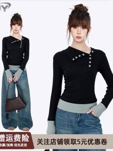QIAOJIAOYA | Áo Sweater Dài Tay Màu Đen Viền Cổ Nút Thu Thiết Kế Knit