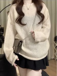 Ladies Light Beige Cashmere Knitted Sweater Loose round Neck Thin Autumn Top Comfortable Casual Style Long Sleeve Pure Color