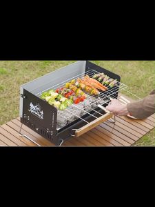 Folding Portable Barbeque Griller with Wooden Handle Outdoor Camping Home Picnic Party Grilling Charcoal Stove