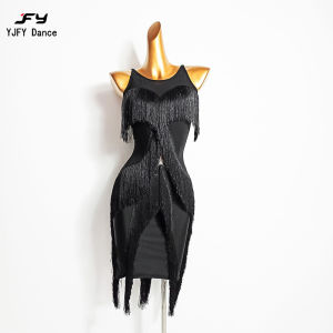 YJFY Dance | Summer National Standard Latin Dance Dress Black Fringe